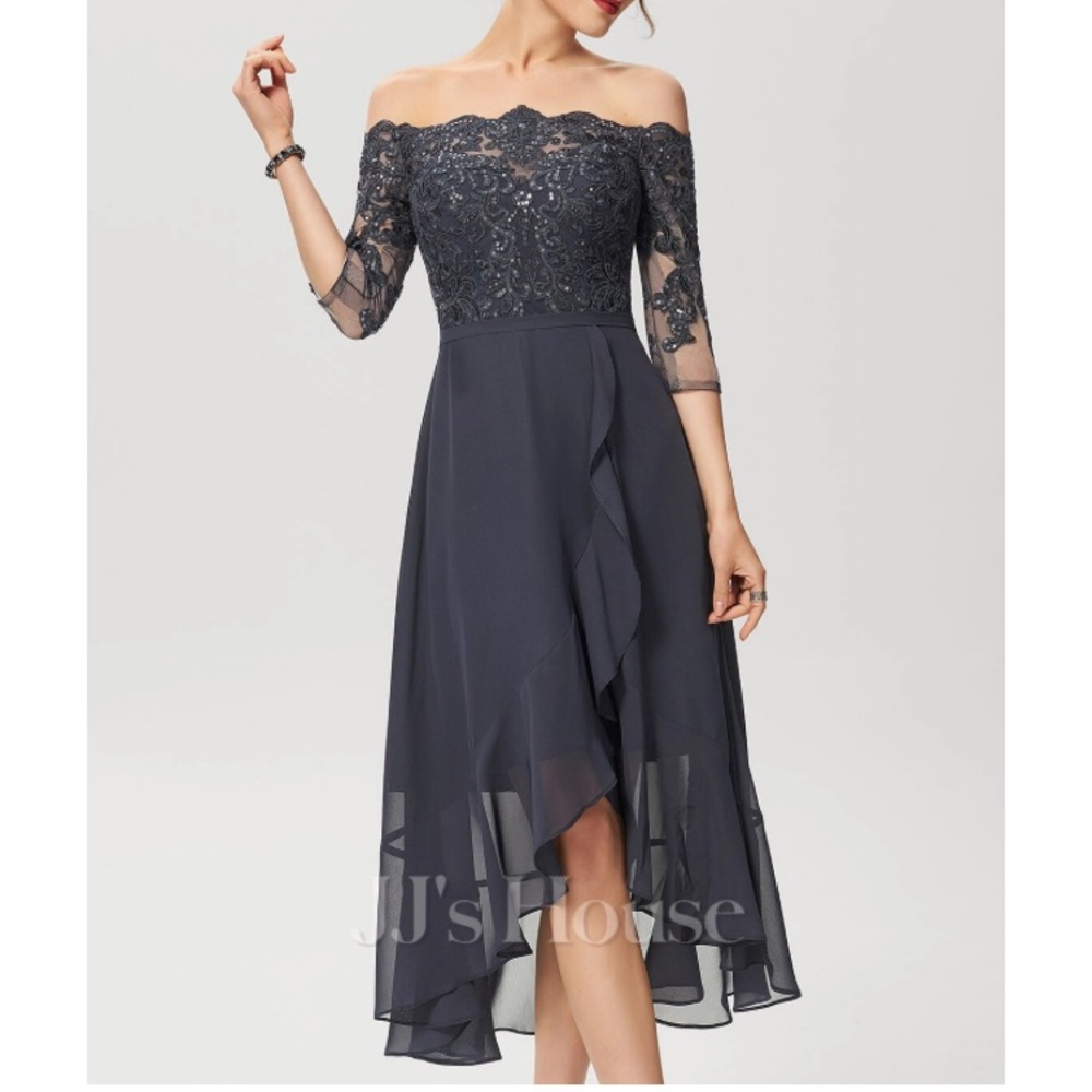 JJ’S House Dress Wedding Guest Off Shoulder Asymmetrical Chiffon Lace Black Dres